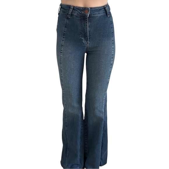 Anthropologie Pilcro Jeans Flare Leg Medium Blue Wide High Rise Size 25 Tall - Picture 1 of 7